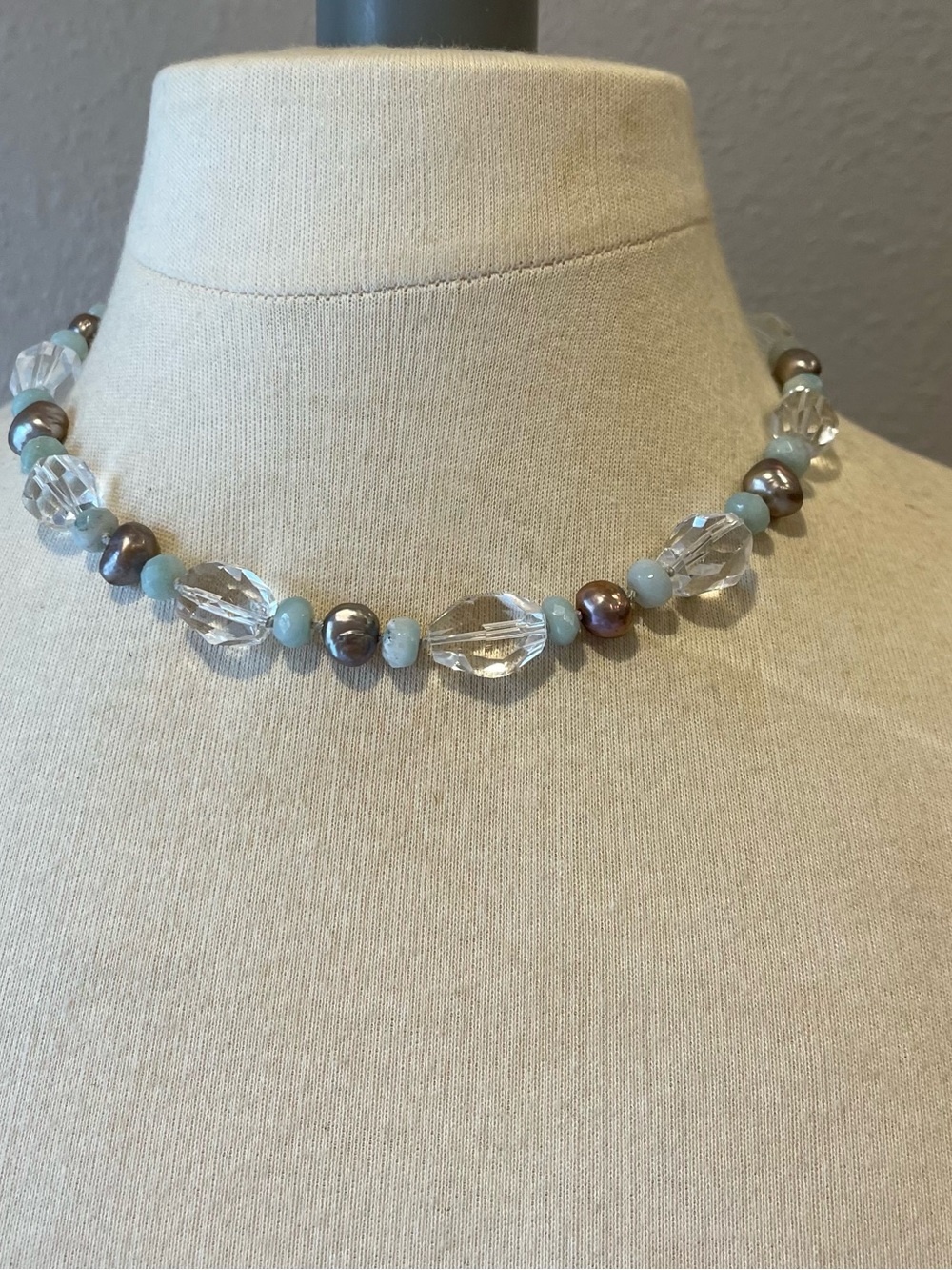 Clear quartz,Aquamarine,cultured pearls Artisan Necklace